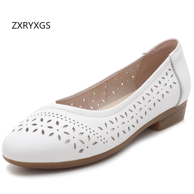 

ZXRYXGS Premium Cowhide Hollow Breathable Leather Sandals Flats 2025 Large Size White Shoes Comfort Non-slip Women Flat Shoes