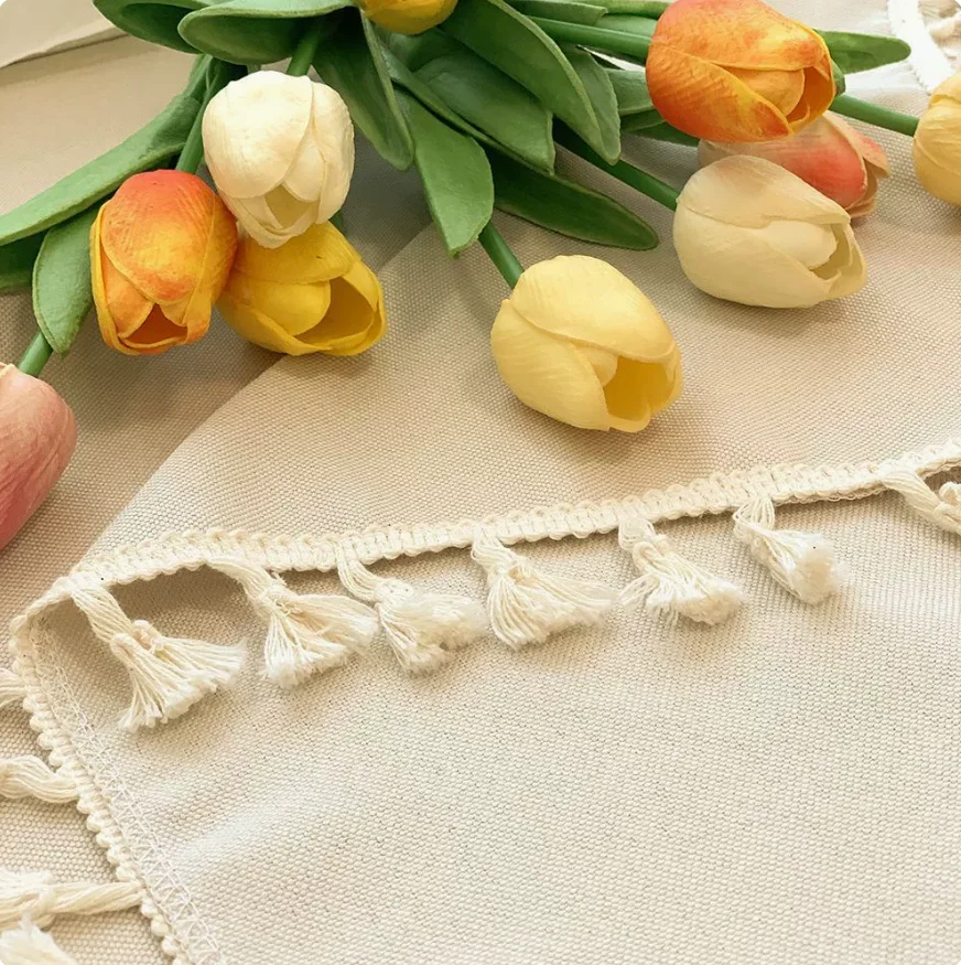Japanese Style Tassel Linen Cotton Tablecloth,Fresh Aesthetic Decor Desk Cover, Ambient Table Mat for Round Table, Coffee Table