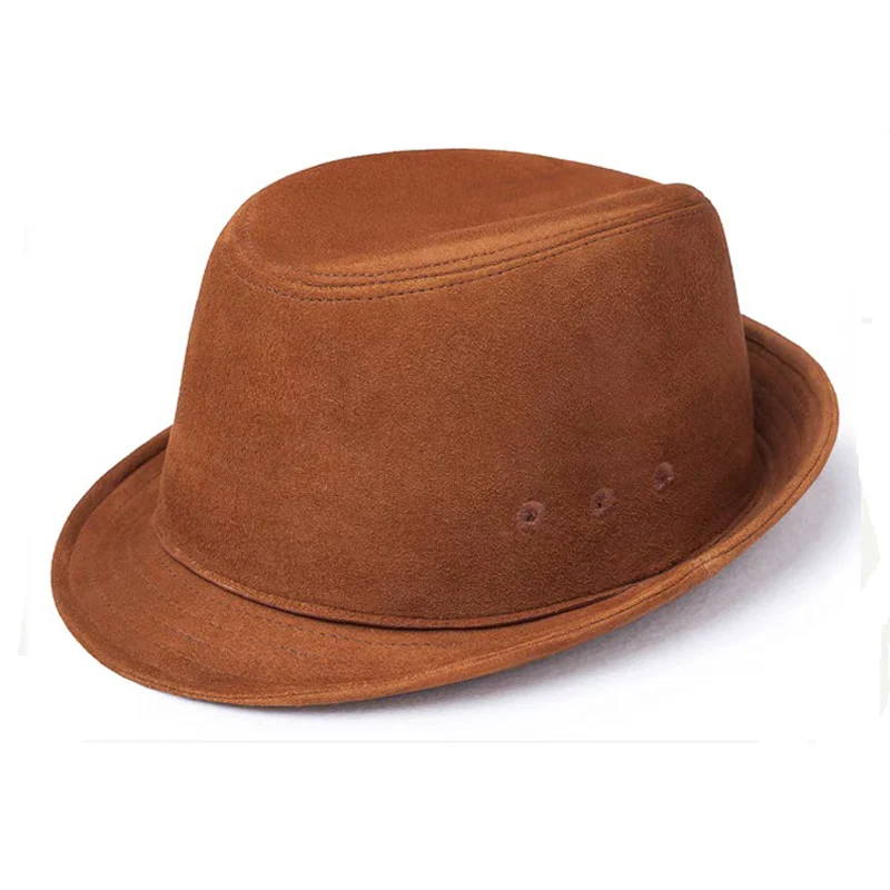 Man/Women High Quality Genuine Leather Formal Hat Jazz Gentleman Goat Skin Suede Short Brim Brown Top Fedoras