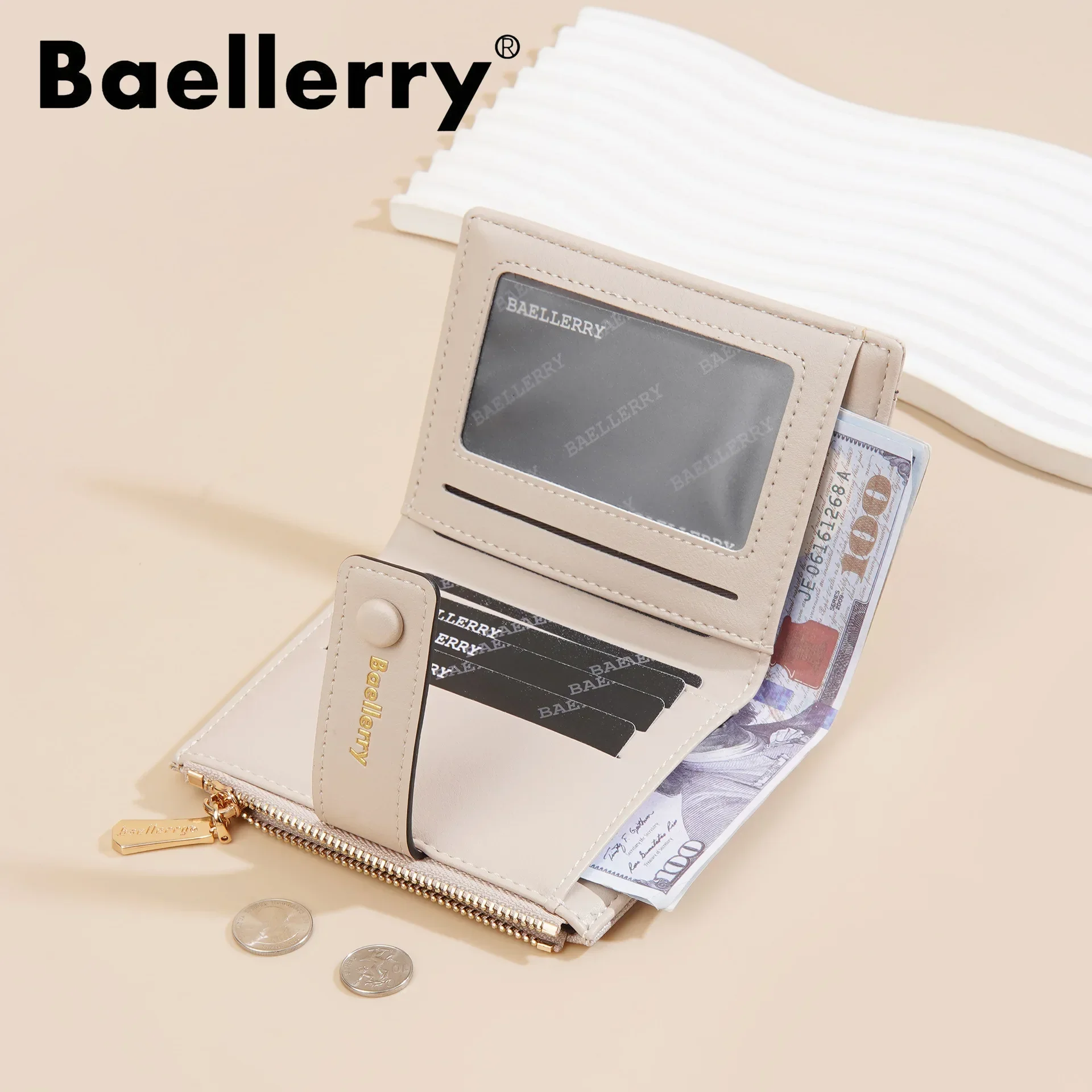 New Gradient Hasp Leather Short Wallet Women Fashion Credit Card Holder Zipper Coin Purse Ladies Girls Money Bag Beige Wallet