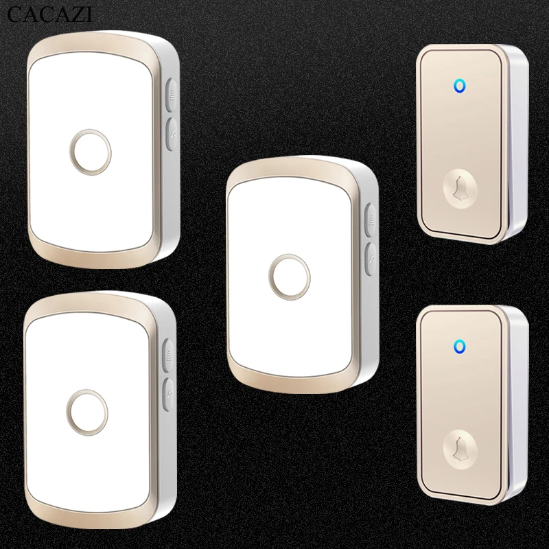 

CACAZI Self-powered Outdoor Wireless Doorbell Waterproof Smart Home Door Bell Chime Kit LED Flash Security Alarm (White&Gold)