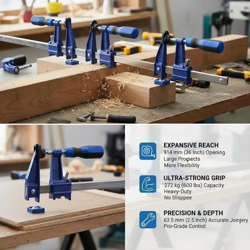Serre-joints pour le travail du bois, 4 pièces, ouverture de 914 mm, serre-joint F verrouillable avec limite de charge de 272 kg, profondeur de 63,5 mm, fonte et acier au carbone, facile à utiliser, pour le travail des métaux