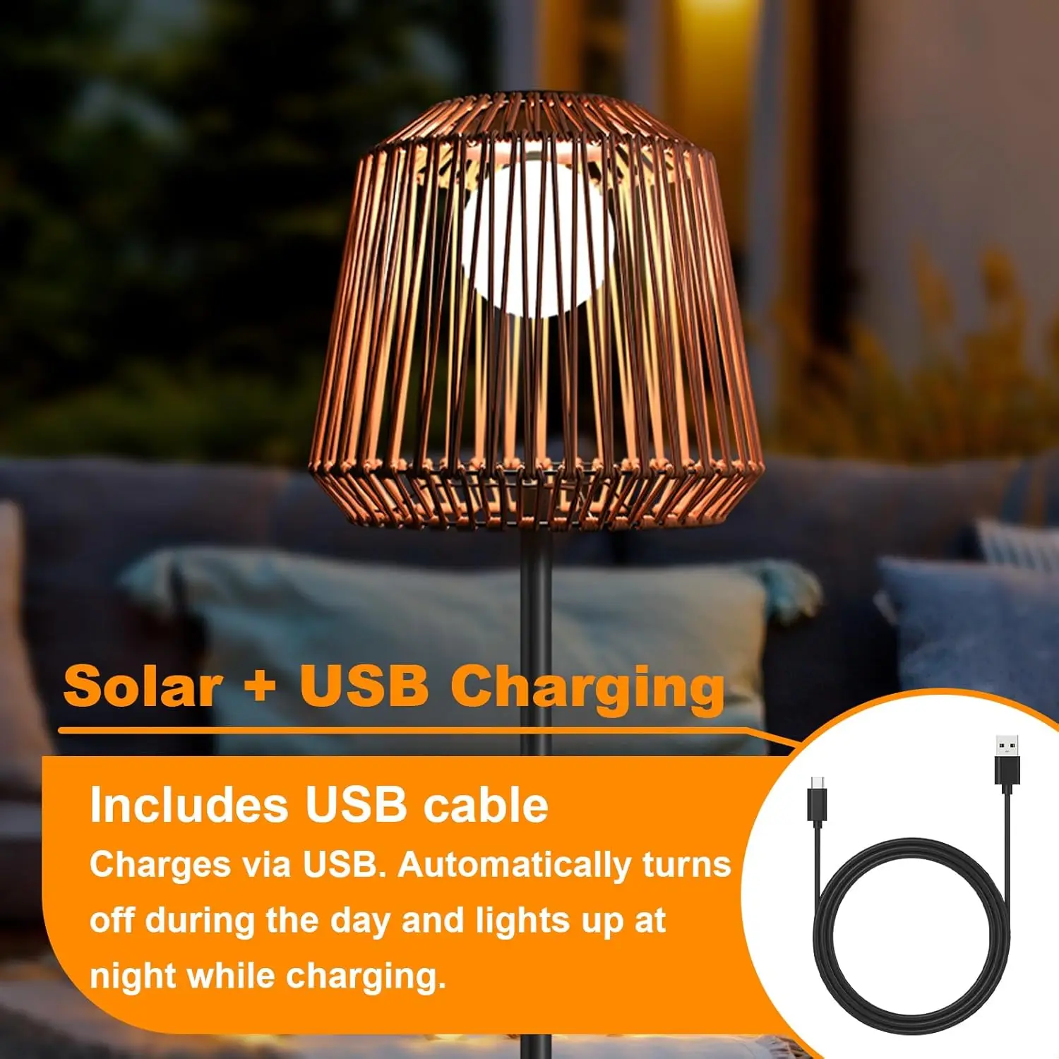 Outdoor Solar Floor Lamp, Garden Rattan Wicker Light, Metal Pole & Base, Waterproof Yard Decor
