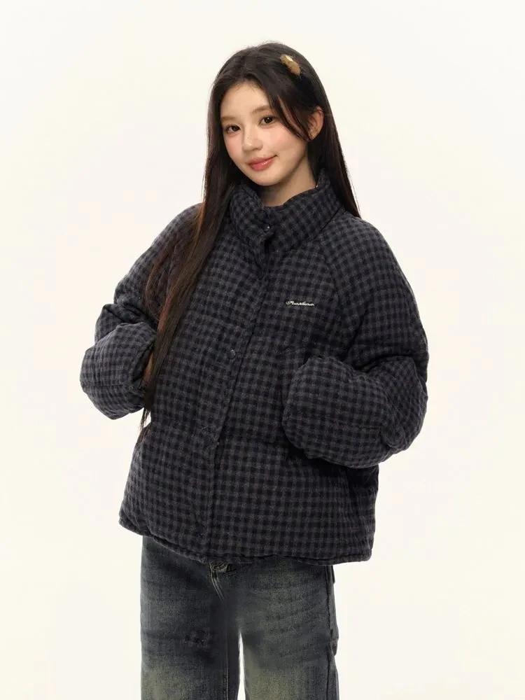 

Korean Plaid Women Parkas Winter Thick Vintage Zipper All Match Puffy Coats Retro Long Sleeve Loose Casual Stand Collar Outwear