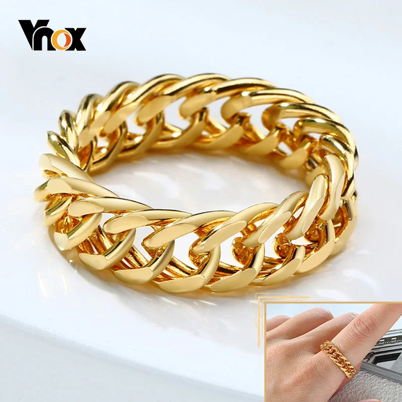 Vnox Cuban Chain Ring for Women,6/7/14mm Gold Color Stainless Steel Wedding Band, Chic Punk Mechanical Curb Link Finger Jewelry