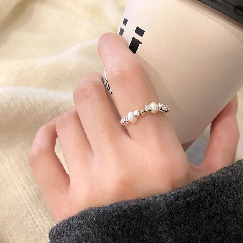 Pearl Ring with Irregular Silver Accents Unique Elegant Design Womens Index Finger Statement Jewelry for Daily Office Party