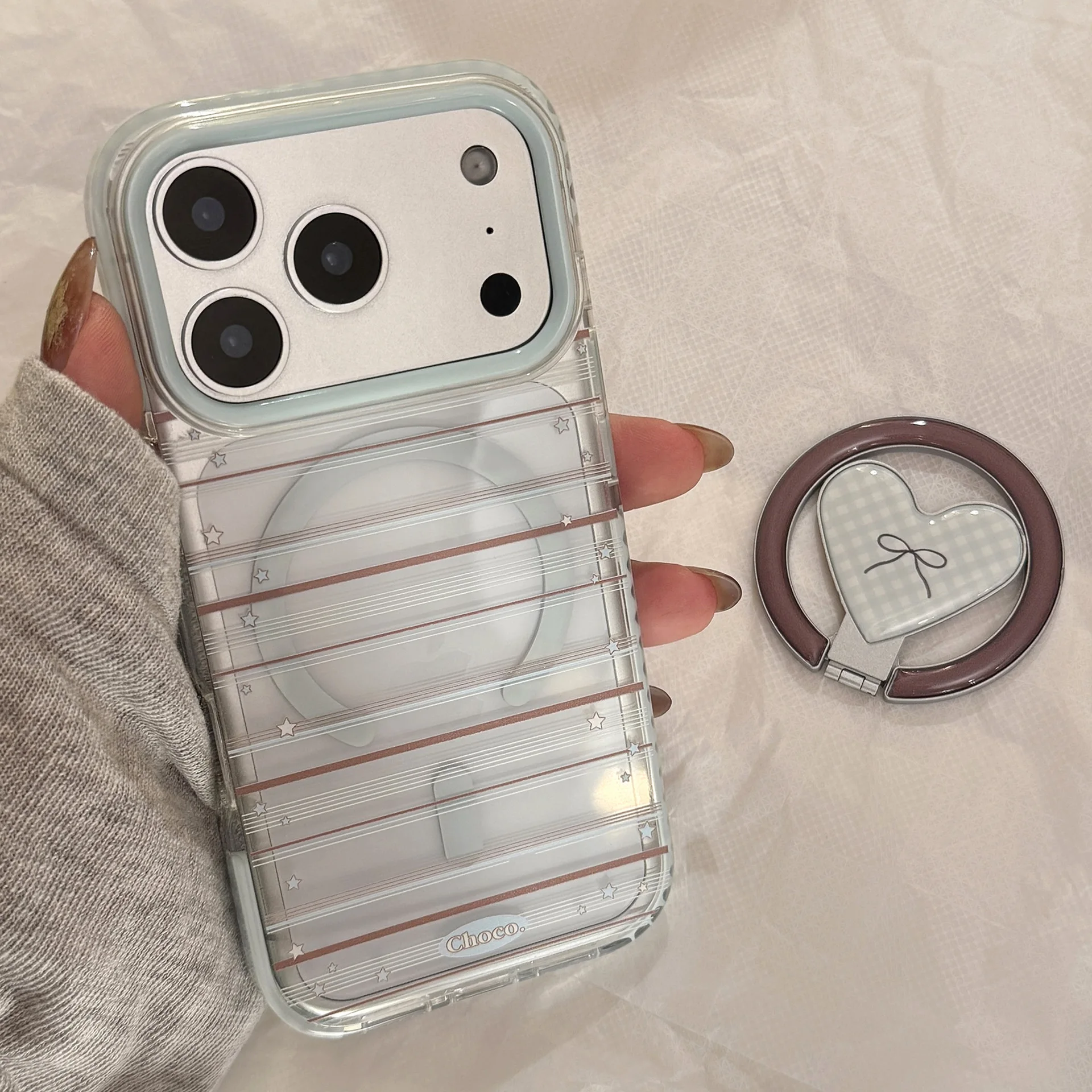 Koreanische gestreifte, gefaltete, karierte Handyhülle mit Herz-Schleifenhalterung und Magnet für iPhone 17 16 15 14 13 12 Pro Max, stoßfest, weich