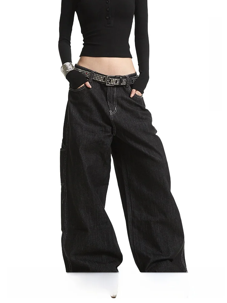 

UNCMHISEX Американские ретро-джинсы свободного кроя с широкими штанинами, женские повседневные брюки в пол, классические черные джинсы для женщин