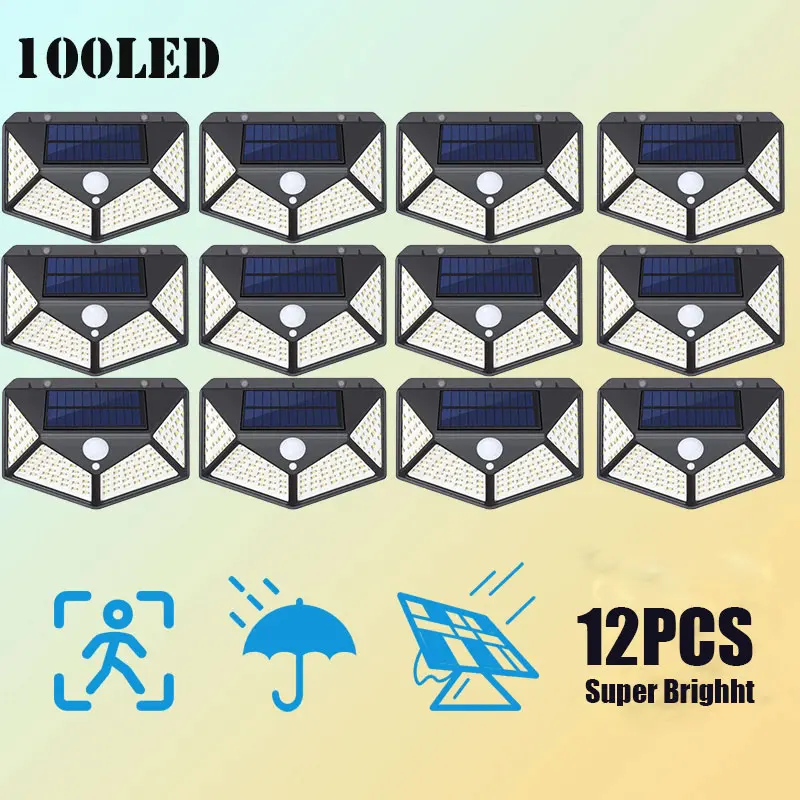 12 Pack Solar Lights Outdoor 100LED Wall Lamp Motion Sensor Security Lights 270° Lighting Angle Bright for Backyard Garden Patio