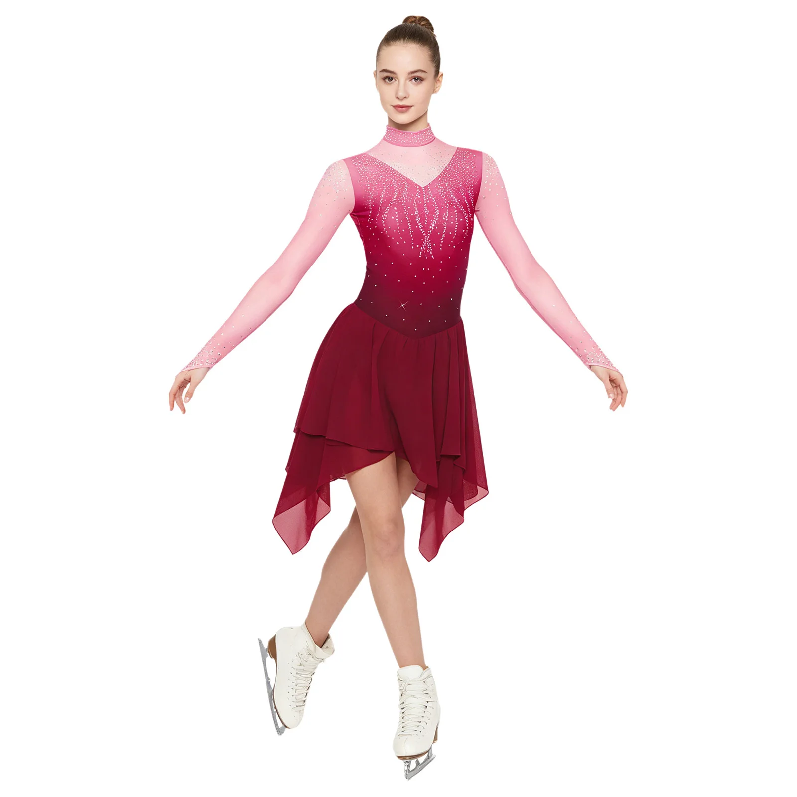 

Women Figure Skating Lyrical Dance Gymnastics Acrobatics Performance Costume Long Sleeve Rhinestone Sheer Mesh Leotard Dress