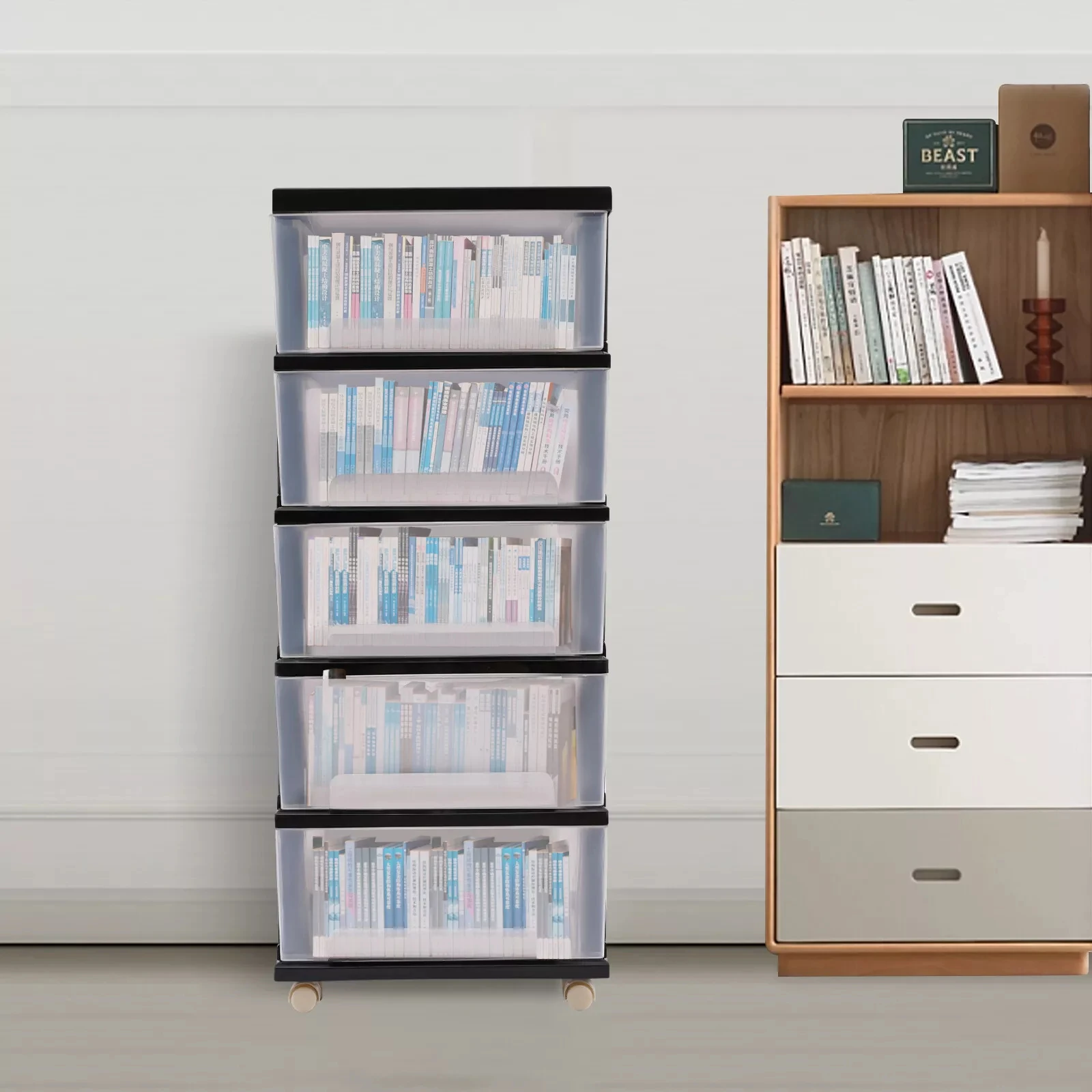 

Fabric Dresser Organizer with 5 Drawers, Bedroom Storage Chest Tower Cabinet