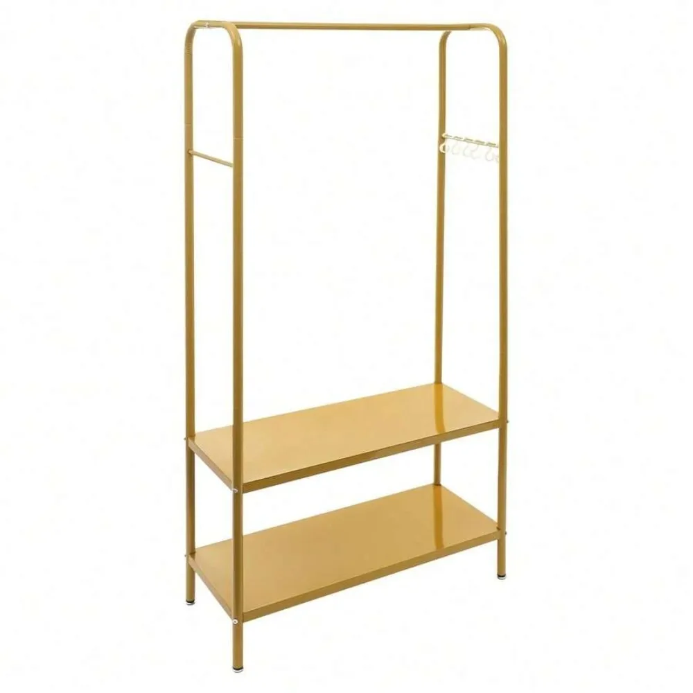 Modern Gold Clothes Rack with Bottom Shelves and 6 Hooks, Heavy Duty Floor Standing Garment Rack Coat Tree, Adjustable Pads, Metal Clothing Storage Organizer for Hanging Coats Jackets Hats Bags Towels, Freestanding Wardrobe Rack for Entryway Bedroom view 5