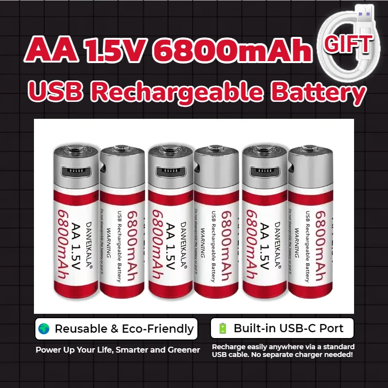 

1.5V AA Lithium Batteries 6800mWh Rechargeable Batteries with Fast USB Charging Cable, Long-Lasting Power for Smart Home Devices