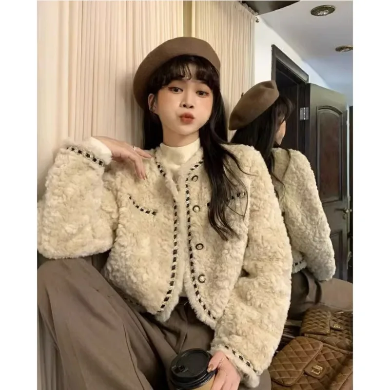 Lamb Wool Coat for Women's 2023 Autumn/Winter New Leisure Slim Fit Short Small Thick Plush Office Women's Versatile Cardigan Top