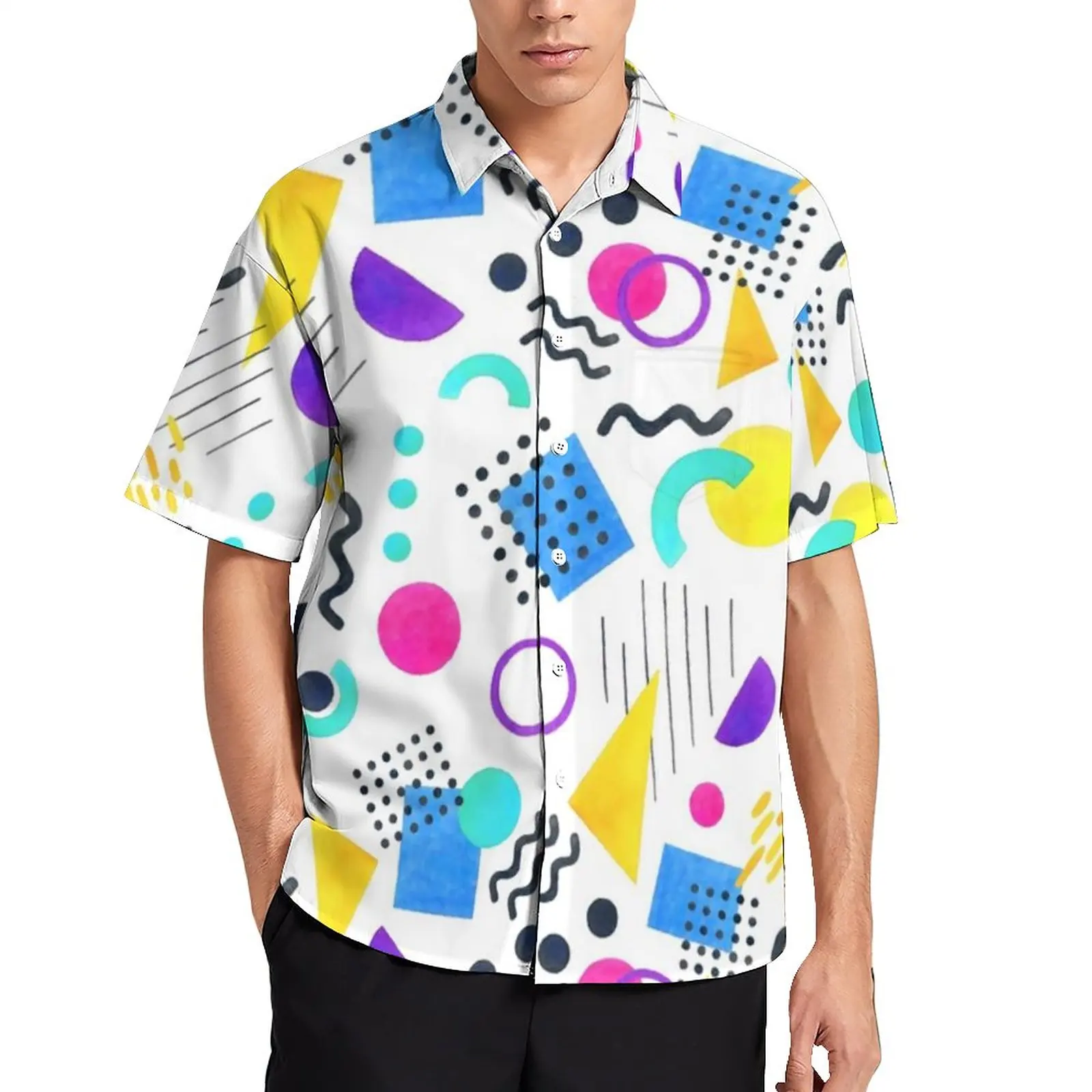 

Memphis Style Vacation Shirt Geometric Shape Hawaiian Casual Shirts Men Fashion Blouses Short Sleeve Graphic Clothing Plus Size