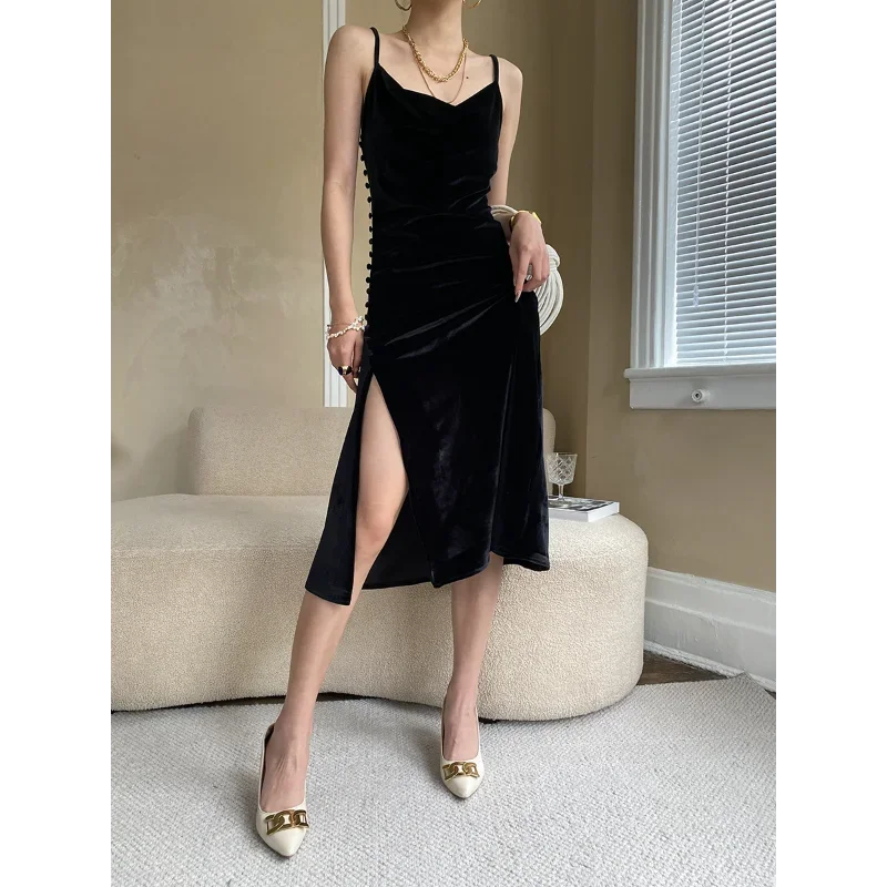 French Pink Velvet Slit Suspender Dress Spring Summer New Elegant Fashion Dinner Wedding Party Black Sleeveless Women Dresses