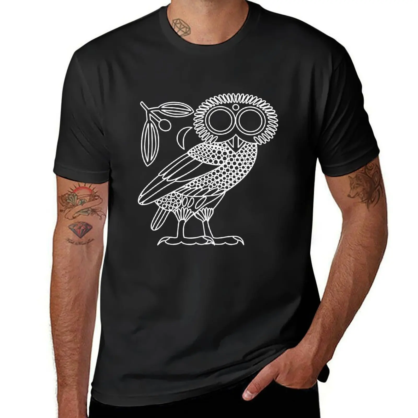 Owl of Athena [White Outline + Wreath and Crescent] T-Shirt oversizeds summer tops funnys sublime T-shirts for men cotton