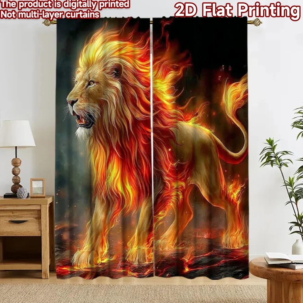 2D flat printing 2pcs Curtain Window Treatment Curtains Fiery Roaring Lion Digital Printed Polyester Drapes Seasonal Party &