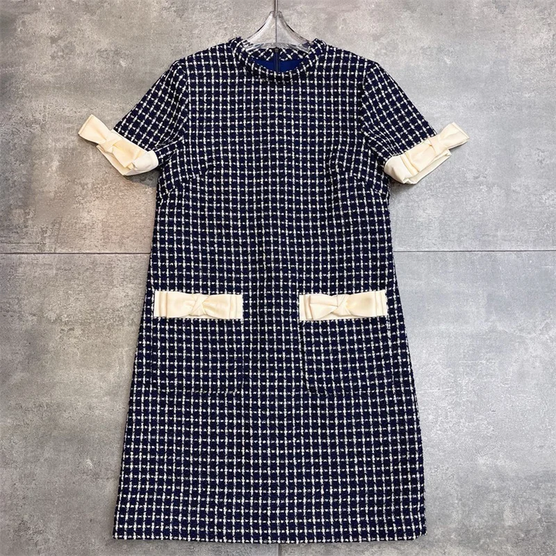 

Womens dresses New round neck slim fit short sleeved mini dress for autumn 2025 bow decoration plaid short dresses party dresses