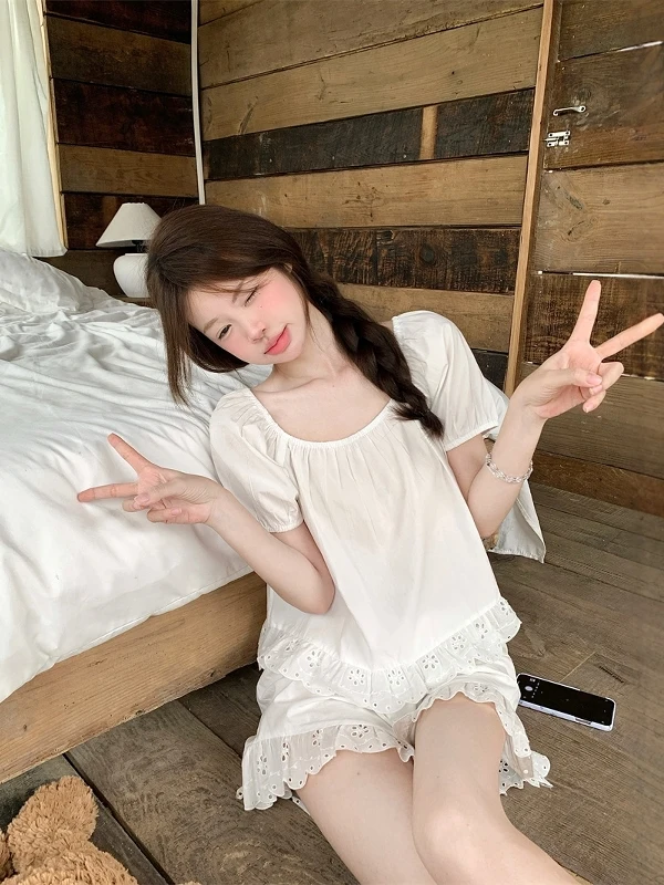 2025 New Cotton Linen Short-sleeved Pajamas Women's Summer Simple White Lace Thin Skin-friendly and Breathable Loungewear Set