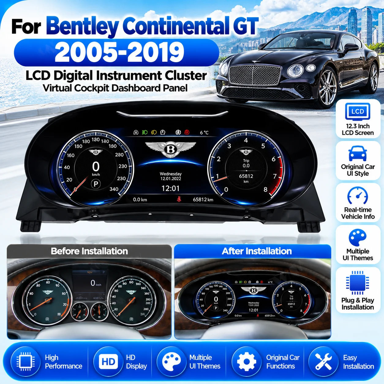 Virtual Cockpit Speedometer LCD Instrument Cluster For Bentley Continental GT 2005-2019 Digital Dashboard Display Panel