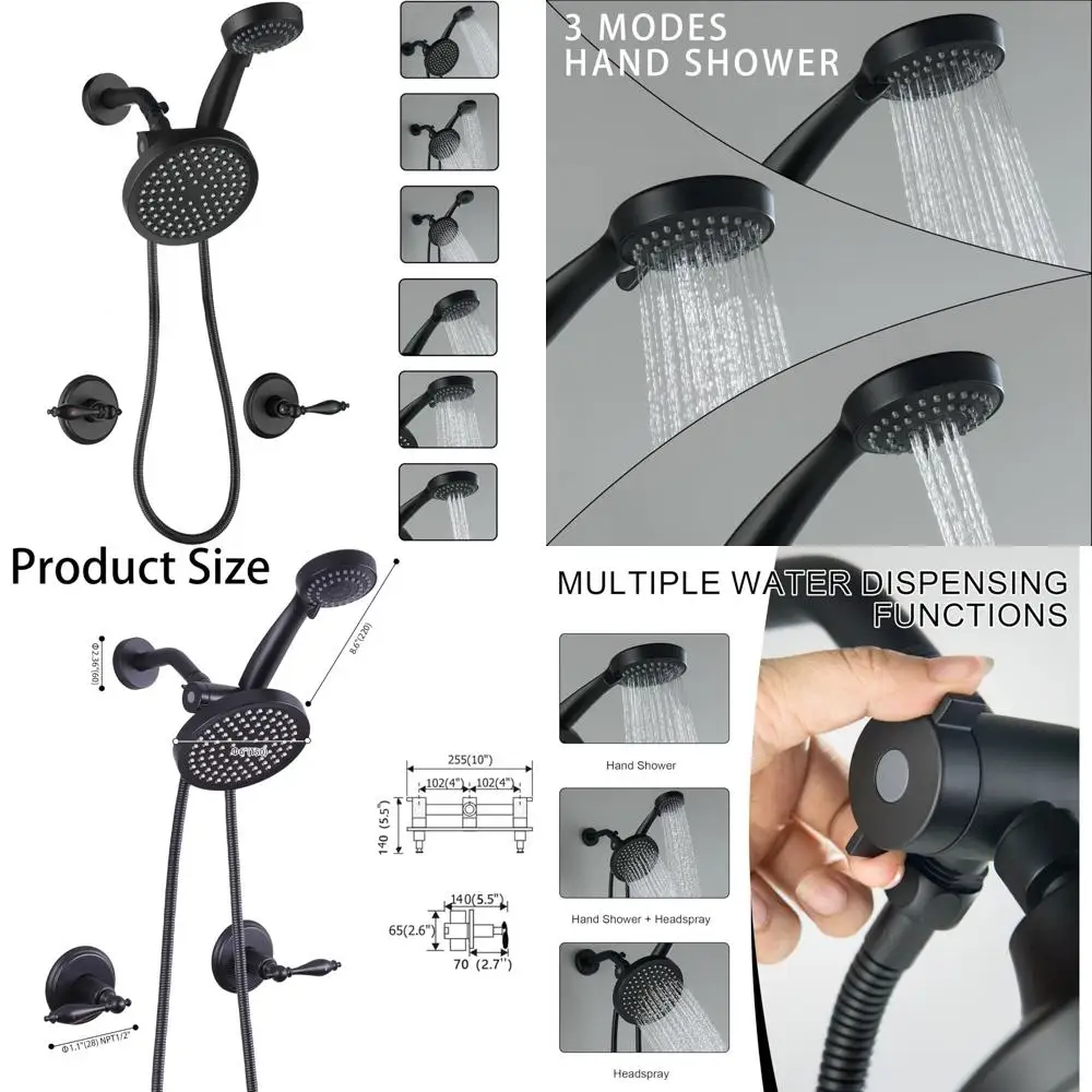 

Matte Black Wall Mount Shower Faucet Set with Two Handles and Hand Shower, Premium Bathroom Shower System