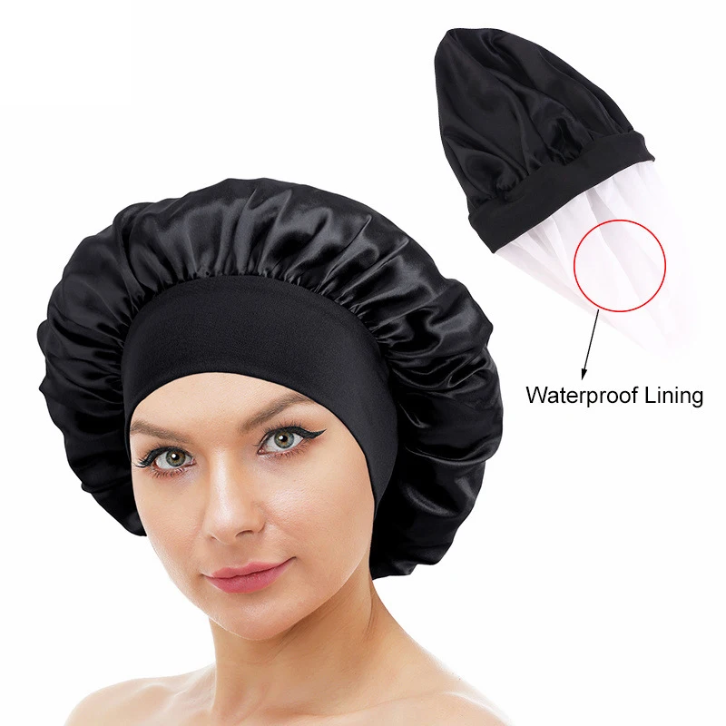 Double Wide Edge Silky Satin Hair Bonnet with Wide Elastic Band Perfect for Sleeping Showering Styling Curly and Natural Hair