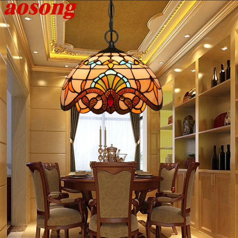 

AOSONG Modern Tiffany Pendant Lamp LED Creative Baroque European Stained Glass Chandelier Light for Home Dining Bar Decor