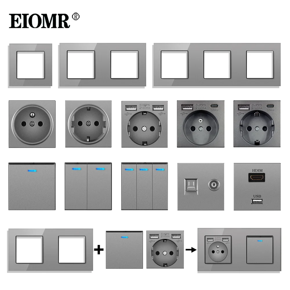 EIOMR EU Standard Grey Socket USB Type-C 5V 2100mA RJ45 TV HDMI Multi Types Parts Module Size 52*52mm DIY Installation Socket