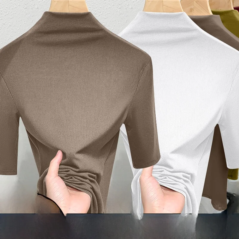 

Женская базовая футболка с высоким воротом, в рубчик, для весны и осени, больших размеров, приятная к телу, внутренняя одежда, рукав три четверти