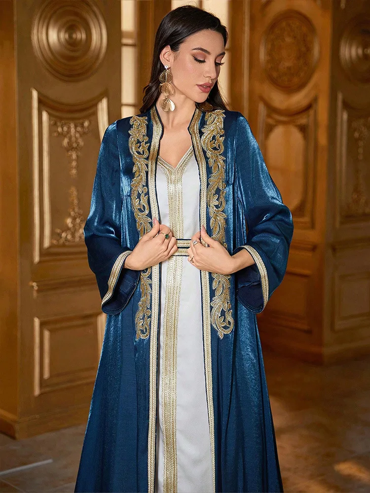 Saudi Arabic Kimono Cardigan and Inner Dress Muslim Matching Set for Women Dubai Luxury Abaya Turkey Kaftan Eid Djellaba Caftan