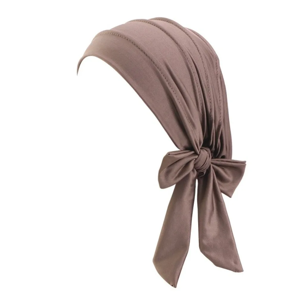 Lightweight Solid Color Headscarf Hat Long Tail Stretch Chemo Hat Pre-Tied Breathable Inner Hat Islamic Use