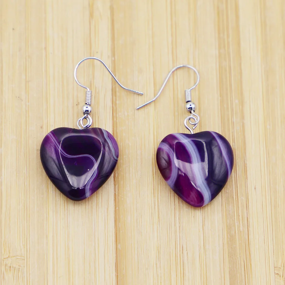 1Pair Fashion New Natural Stone Purple Agate Heart Shaped Earrings Pendants Dangle Reiki Charms DIY Women Party Wedding Jewelry