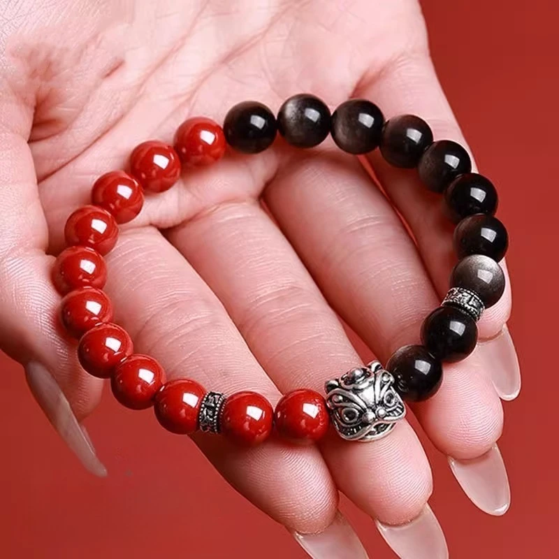 8mm Natural Cinnabar Silver Obsidian Bracelet Chinese Traditional Style Lucky Lion Dance Charm Single Strand Bracelet For Men