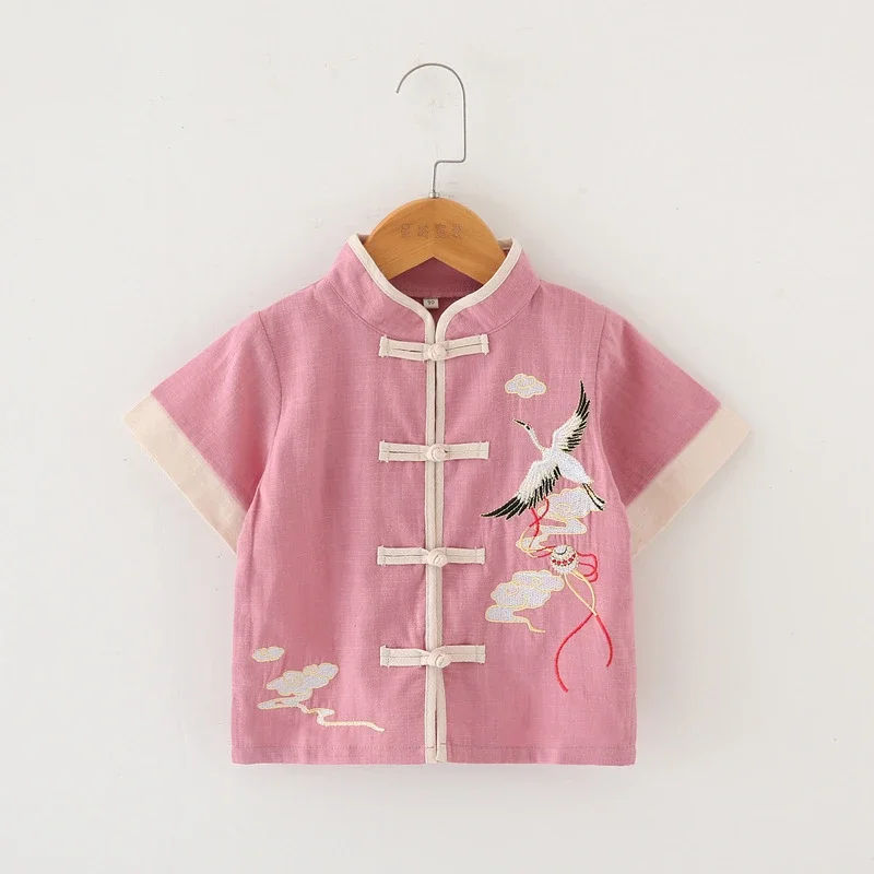 Traje Tang para niños, ropa de verano de manga corta, algodón y lino, cómodo, bordado Hanfu, Top, pantalón, Retro, ropa china