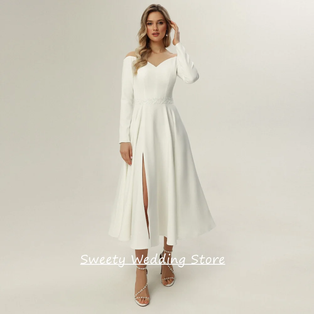 

Mid-calf Wedding Dress Customized Long Sleeves Sheer Round Neck Beading Pearls A Line Slit Ivory Bridal Gown for Bride