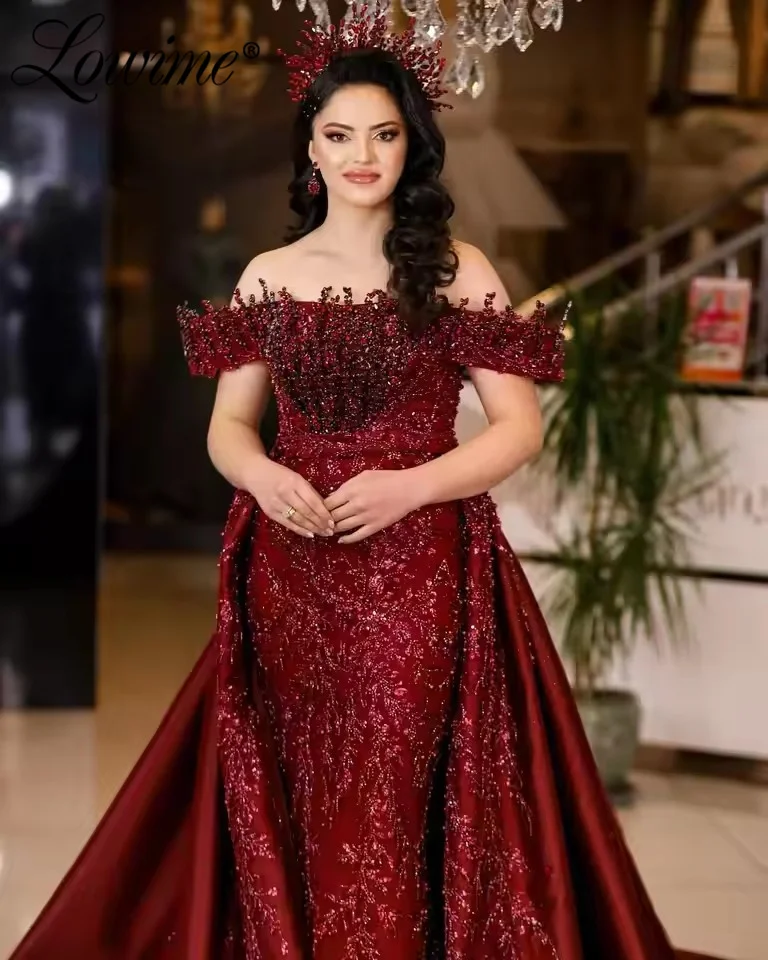 

Gorgeous Wine Red Prom Dresses Mermaid Off Shoulder Arabic Evening Gowns Customized Wedding Party Dress With Detachable Train