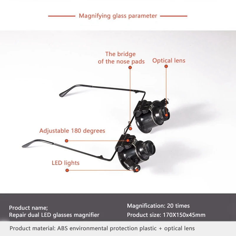 9892A-II 20X Glasses Magnifier Binocular With Led Light Adjustable Repair Magnifier