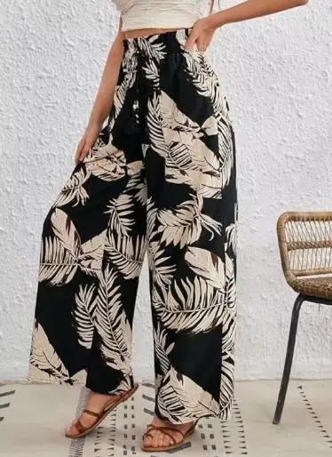 Wide Leg Pants Woman Tropical Leaf Print Casual Drawstring Wide Leg Pants for Women High Waisted Loose Pockets Wide Leg Pants