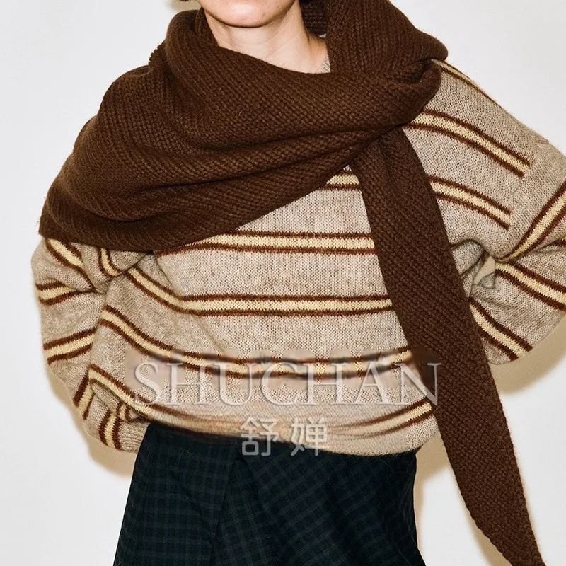 

thick retro stick needle knitting solid color large triangle scarf shawl simple wool autumn and winter layered scarf
