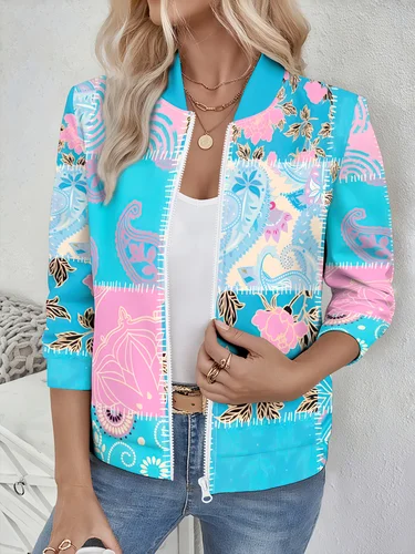 Chaqueta con estampado colorido para mujer, diseño de costuras en contraste, estilo de cuello de béisbol, abrigos de moda informales con cremallera para mujer