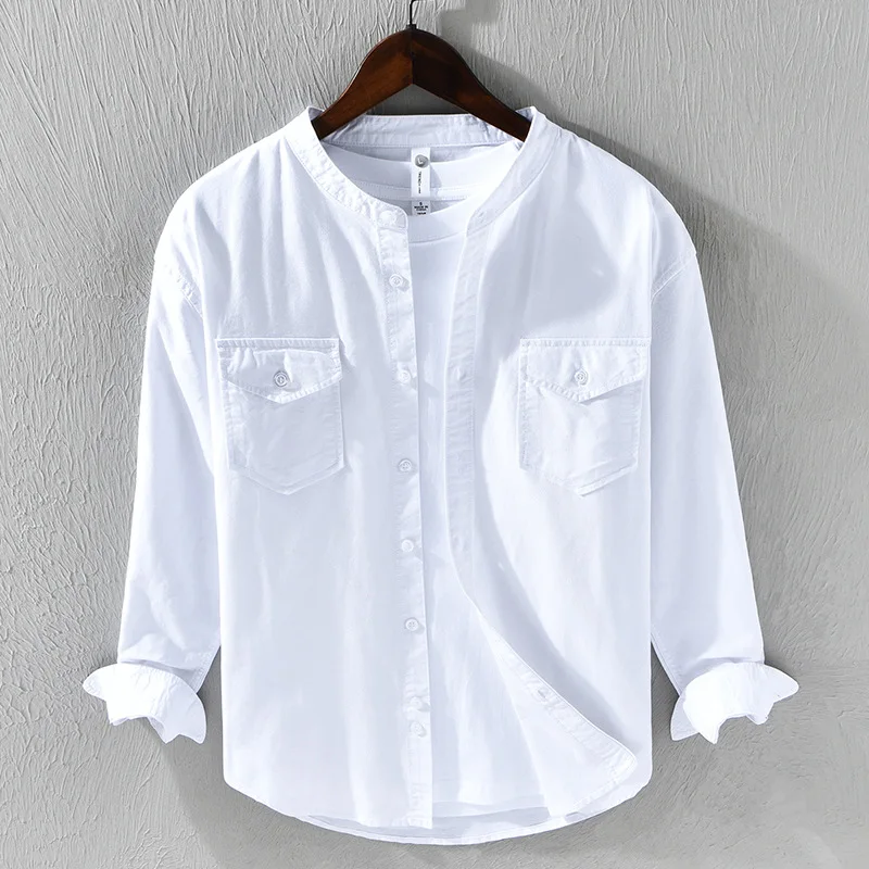 Camicia da uomo in stile coreano manica lunga abbigliamento da lavoro causale top colletto alla coreana camicia semplice in puro cotone con tasca abbigliamento uomo moda