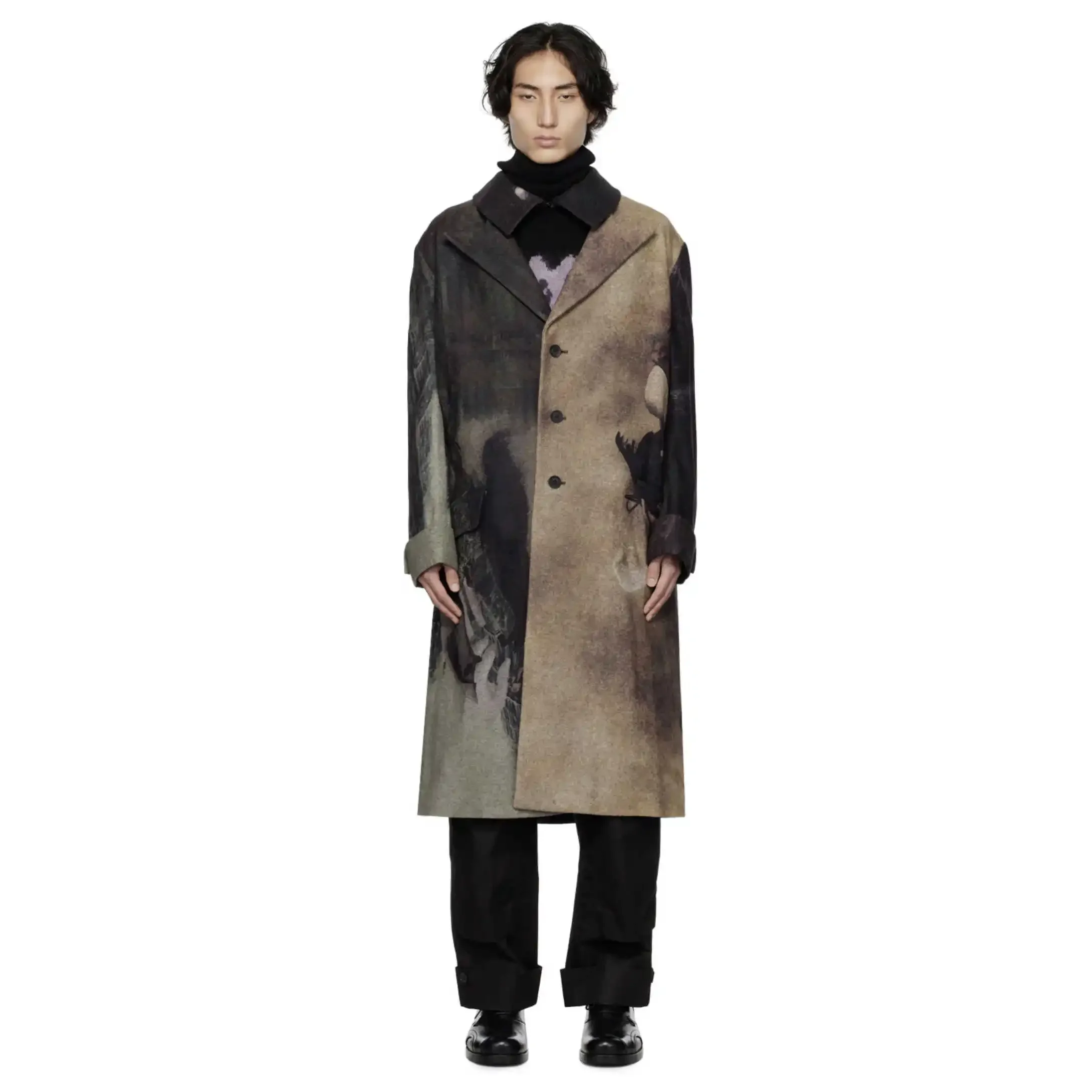 

YOJI OOAK Dark tie dye long woolen coat with Bexoci Print Vintage