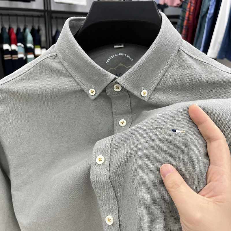 

High-End Luxury Brand Men's Embroidered Shirt Spring Solid Oxford Long Sleeve 100Cotton Base Shirt Business Casual Fit Menswear