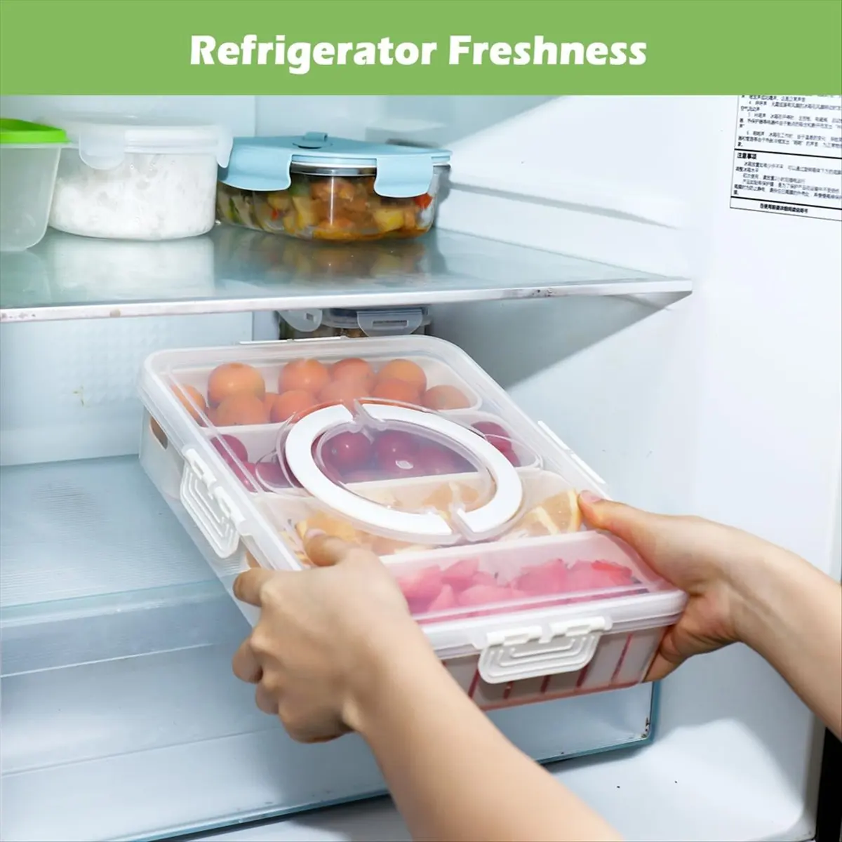 A67T NEW Portable Fruit Tray with Compartments, Clear Snack Organizer for Picnics & Kitchen Storage, Includes Lid & Handle