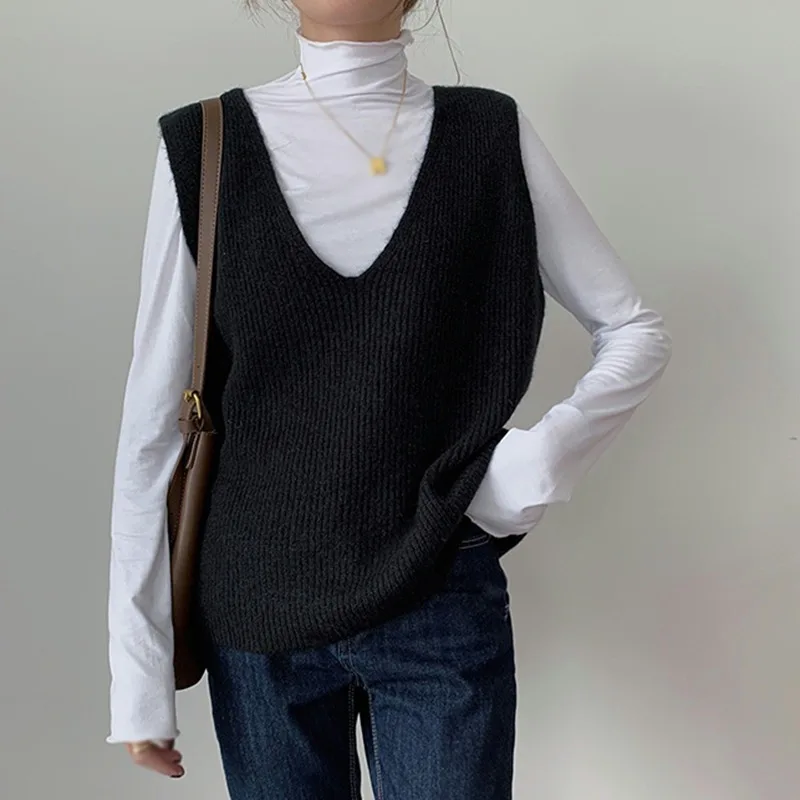 Knitted Loose Top Women\'s Spring Loose Plus Size Outer Wear Lady V-Neck Sweater Autumn Female Outer Wear Vintage Pullover Vest