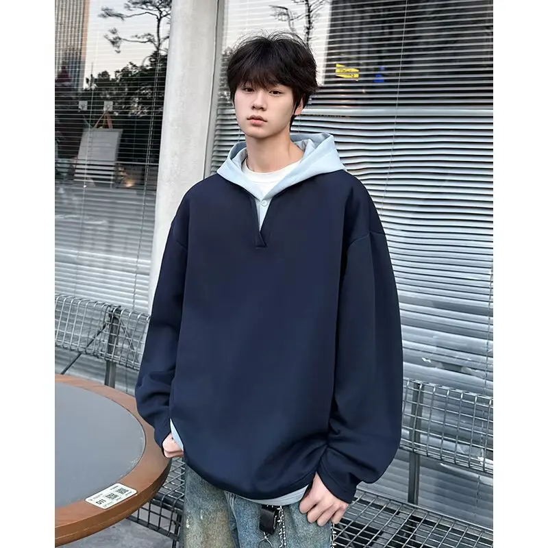 

Korean Style Fake Two Piece Hooded Sweatshirt for Men Autumn Winter Fashion Solid Harajuku Pullover Hoodie Japan Streetwear Men