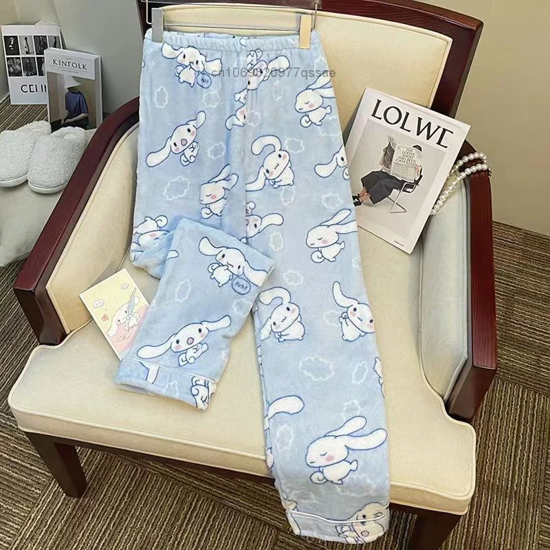 Sanrio Hello Kitty Cinnamoroll Cute Sweet Plush Cotton Sleep Bottom Pants Women Winter Flannel Pants Homewear Fleece Warm Pants