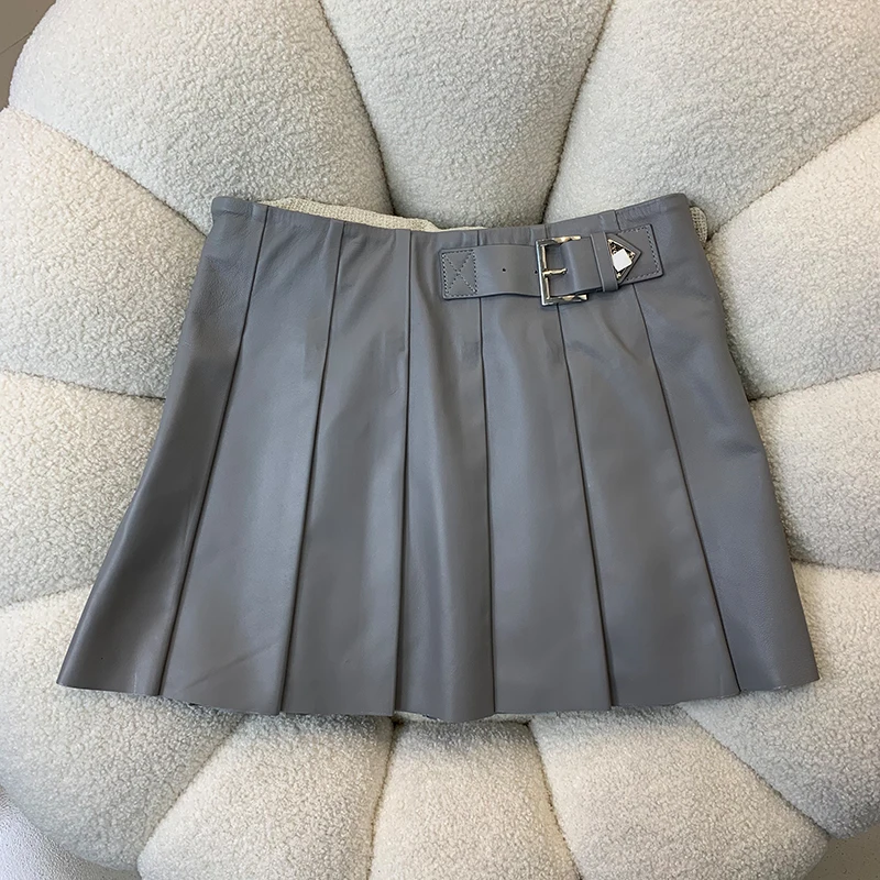 Genuine Sheepskin Skirts for Women 2024 Korean Style Women\'s High Waist A-line Real Leather Skirt Slim Fit Short Pleated Skirt