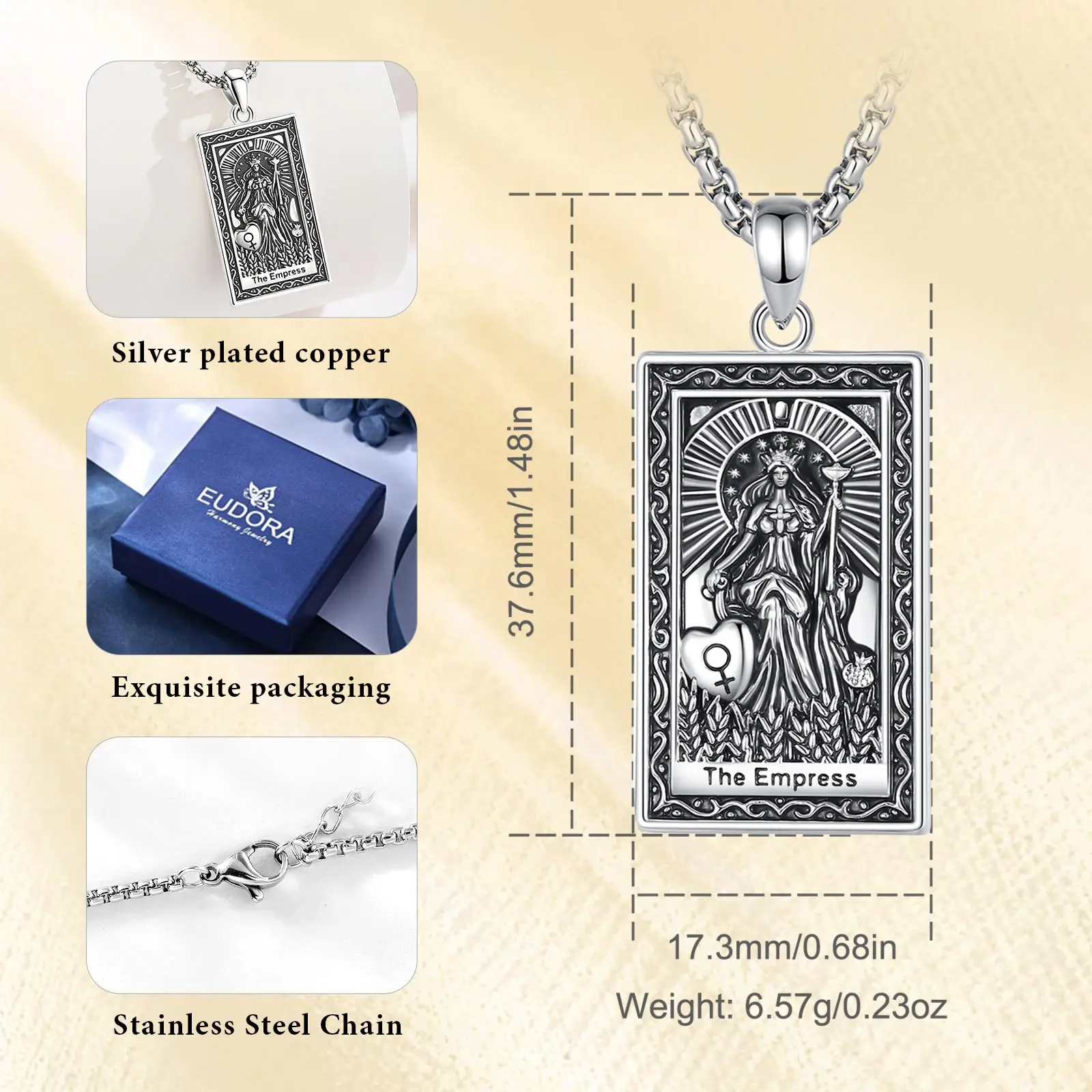 Eudora Copper Tarot Cards Necklace THE Empress Amulet Vintage Major Arcana Divination Pendant Spiritual Jewelry Gift for Unisex